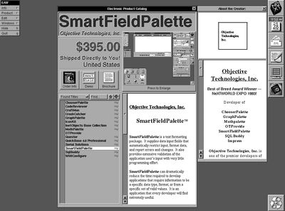 "Objects for sale!" -- Object Technology, Inc's SmartFieldPalette, as seen on the Electronic AppWrapper, the first electronic product catalog, or AppStore.