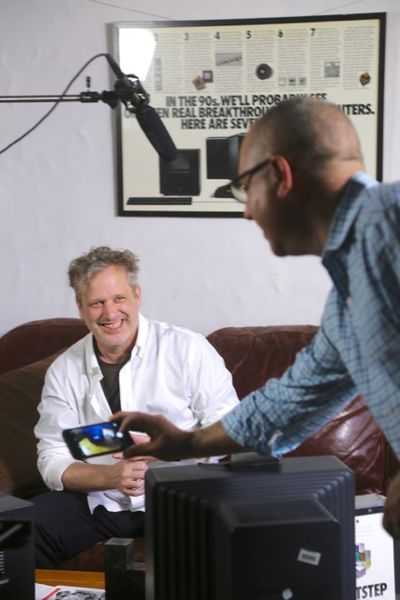 Dean Zarras jokes with Jesse Tayler on the set of AppStorey on April Fools Day, and Apple's 40th Birthday.