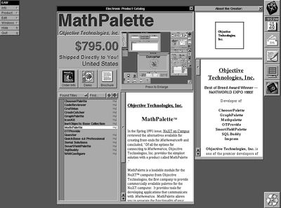"Objects for sale!" -- Objective Technologies, Inc. MathPalette, as seen on the Electronic AppWrapper, the first electronic product catalog, or AppStore.